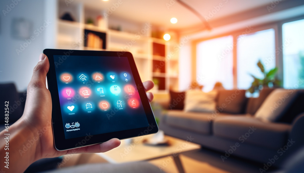 Modern businessman working on digital tablet in illuminated office space generated by AI