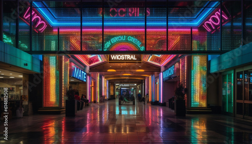 Walking through the futuristic casino, surrounded by multi colored neon lights generated by AI