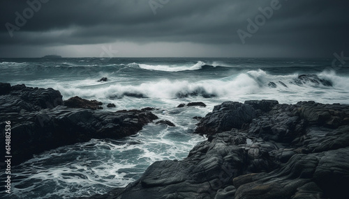 Dramatic sky, crashing waves, wet stone, beauty in nature generated by AI