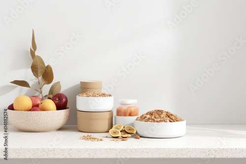 breakfast table with assorted cereals and fresh fruit