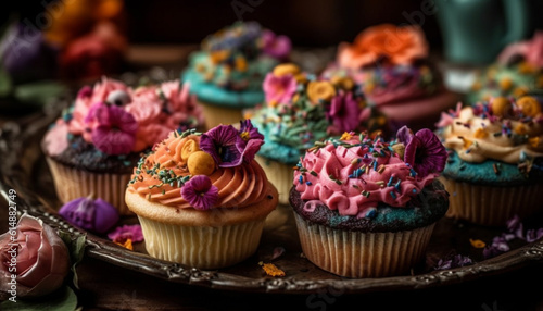 A homemade gourmet cupcake with multi colored icing and chocolate decoration generated by AI