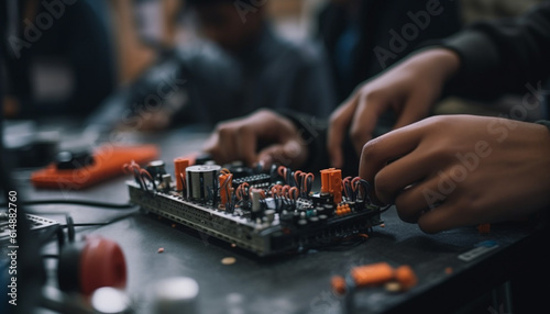 Expert technician soldering computer chip for innovative industry technology generated by AI © Stockgiu
