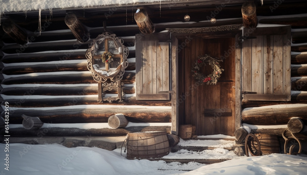 Fototapeta premium Rustic log cabin celebrates Christianity with antique decoration and lantern generated by AI