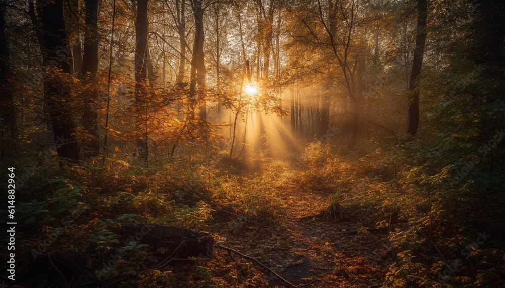 Obraz premium The tranquil forest path glows with autumn vibrant colors generated by AI