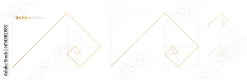 Golden ratio design template. Set of different figures and shapes in law of golden ratio. Golden spiral, golden section, Fibonacci array, Fibonacci numbers