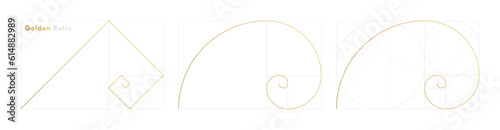 Golden ratio design template. Set of different figures and shapes in law of golden ratio. Golden spiral, golden section, Fibonacci array, Fibonacci numbers