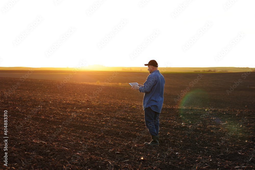 Smart farming technology and agriculture. Farmer uses digital tablet on field with plowed soil at sunset. Checking and control of soil quality, land readiness for sowing crops and planting vegetables