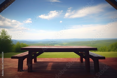wooden bench on a wooden deck overlooking a scenic view