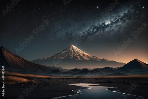 serene night landscape featuring a mountain and a flowing river. Generative AI photo