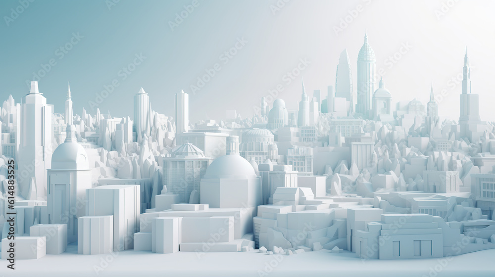 White paper skyscrapers achitectural building in panoramic view. Simple and beautiful white city background. Realistic 3D illustration. Generative AI