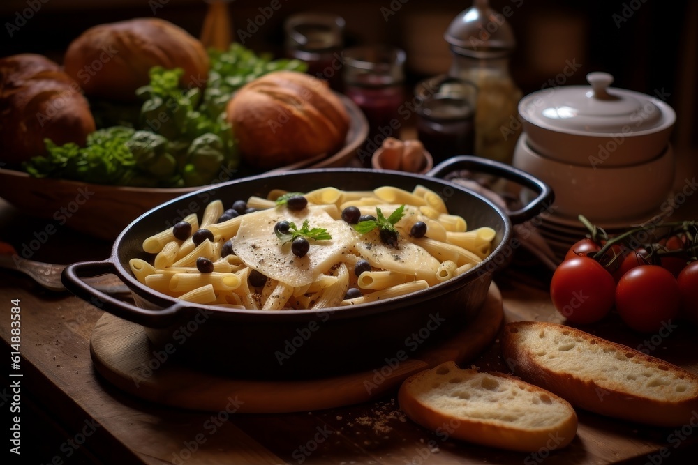 Provolone e Melanzane in a baking dish with a side of salad and breadsticks on a wooden table Provolone e Melanzane in a baking dish with a side of salad and breadsticks on a wooden table