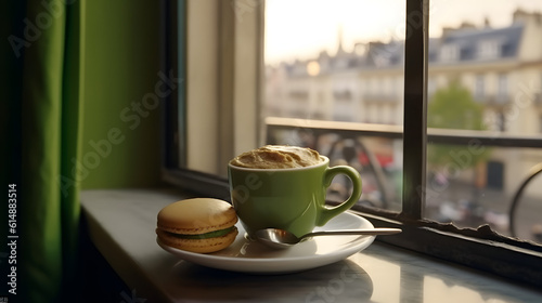 A Cup of Coffee with a Delicious Cake, in a Cafe overlooking the City, Green Background, Generative AI