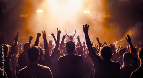 Crowd of cheering fans at summer festival rock concert, view from behind. People enjoying music. Generative AI