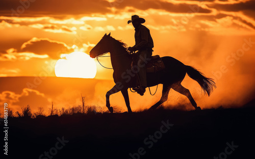 Cowboy riding a horse into sunset  only silhouette visible against orange sky. Generative AI
