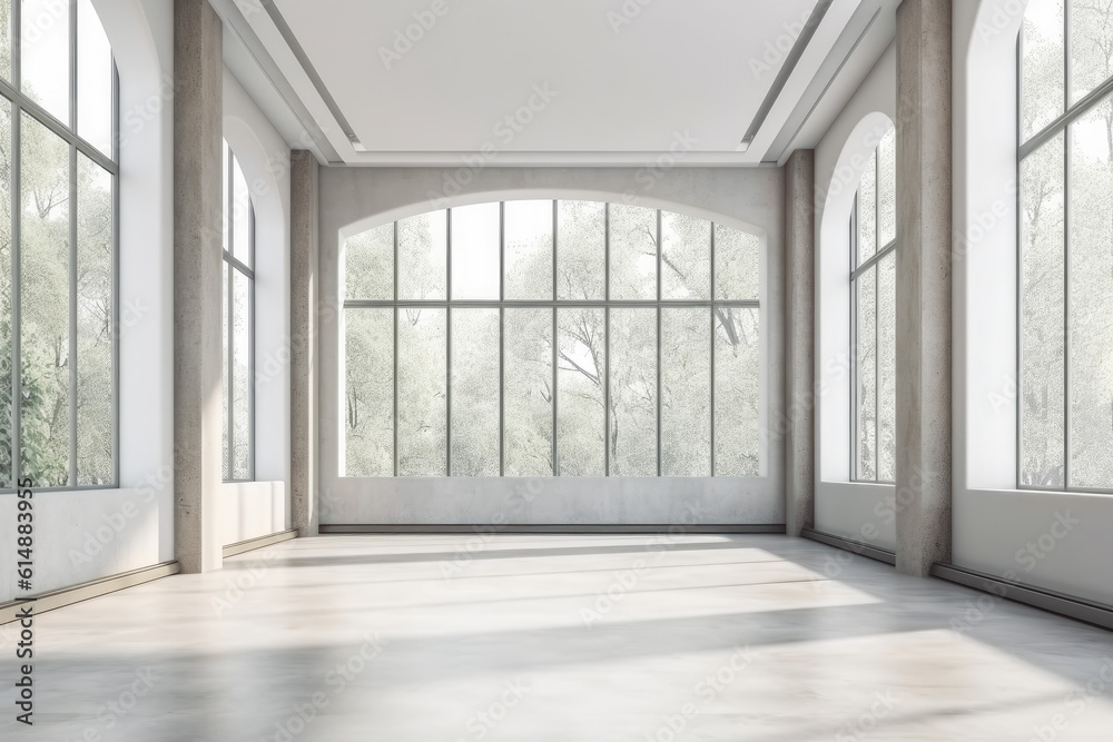 Blank white wall in concrete empty office with large windows, daylight coming through windows. Generative AI Blank white wall in concrete empty office with large windows, daylight coming through windows. Generative AI
