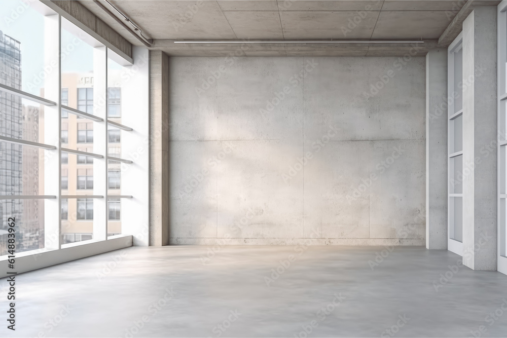 Blank white wall in concrete empty office with large windows, daylight coming through windows. Generative AI Blank white wall in concrete empty office with large windows, daylight coming through windows. Generative AI
