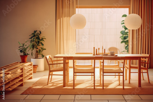 An esthetic pleasing dining room with wooden table and chairs, beautiful interior design. Generative AI