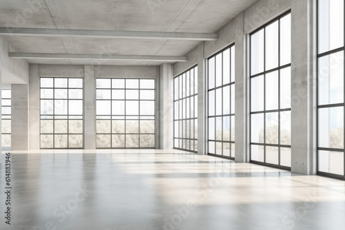 Blank white wall in concrete empty office with large windows, daylight coming through windows. Generative AI