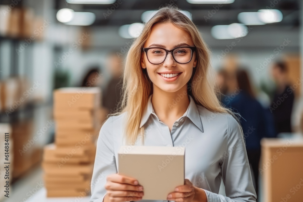 Smiley business looking secretary holding a cardboard in her hands. Generative AI Smiley business looking secretary holding a cardboard in her hands. Generative AI
