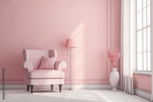 Beautiful interior of comfortable armchair in the middle of the room in plain monochrome light pink color. Generative AI