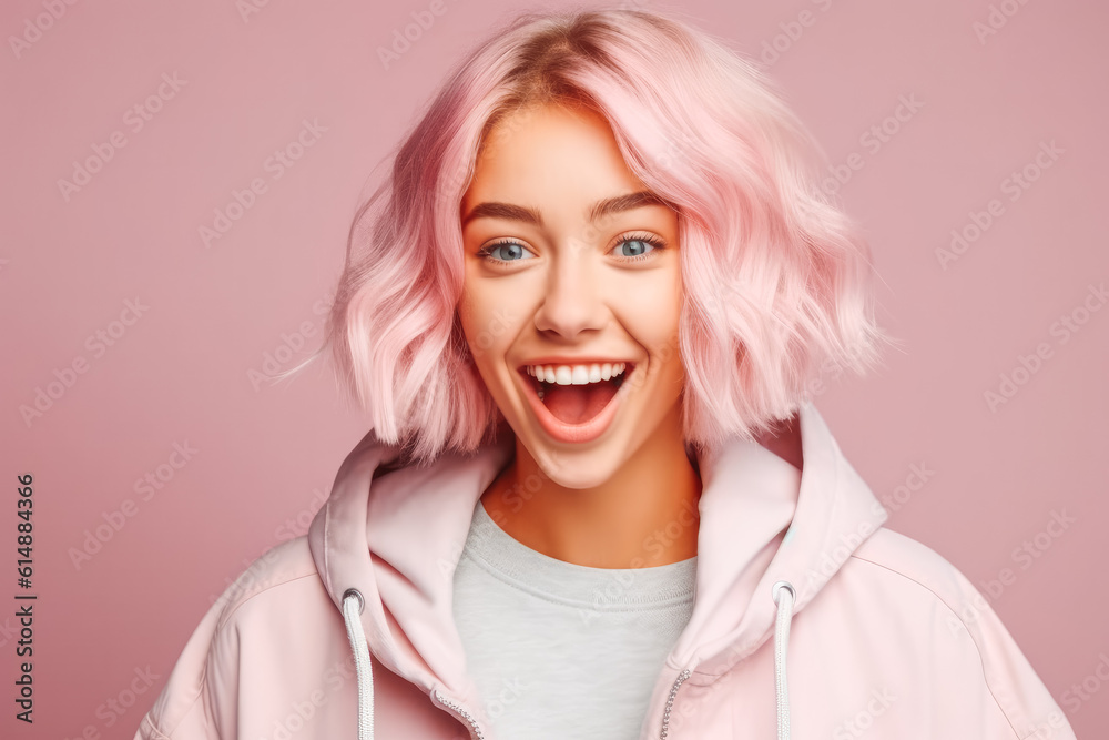 Portrait of beautiful young female with short hair smiling and having fun, pink background. Generative AI