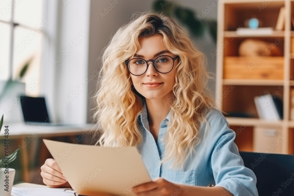 Beautiful secretary woman with long curly blond hair working, looking professional. Generative AI
