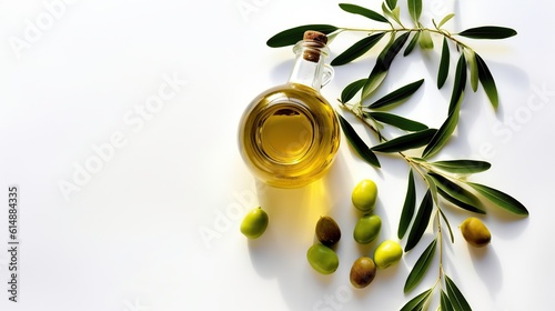 Olive oil and olive branch on a white background top view copy space Generative AI