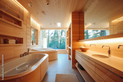 Modern wooden interior bathroom with a large window looking out in nature. Generative AI