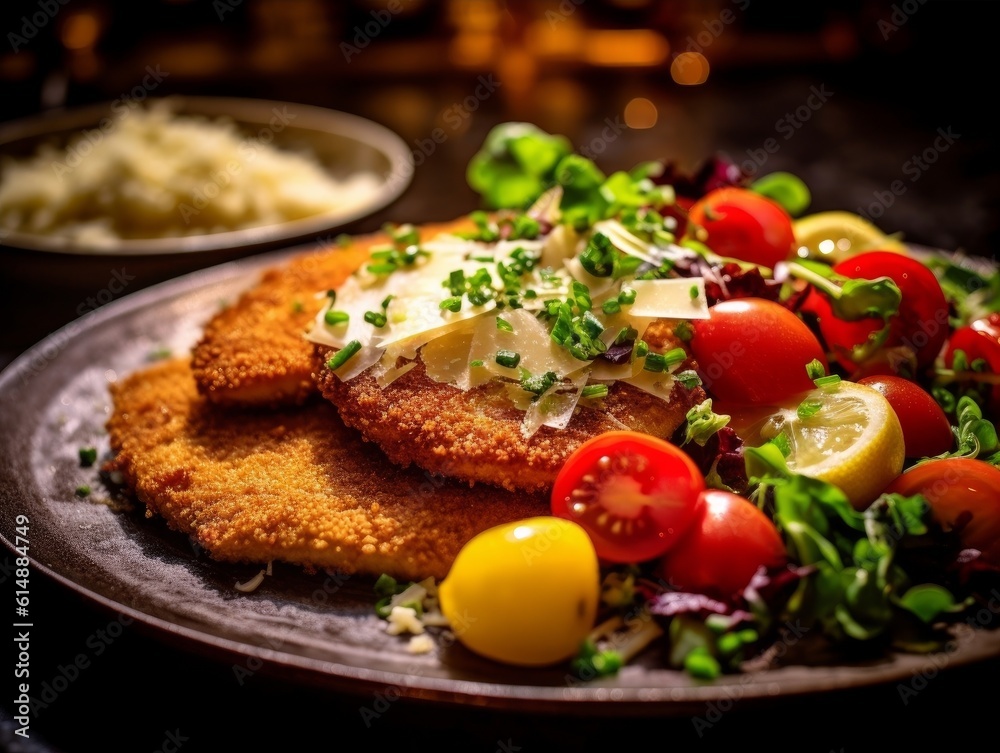 Cotoletta alla Milanese with its golden-brown breadcrumbs and a vibrant Italian salad on the side