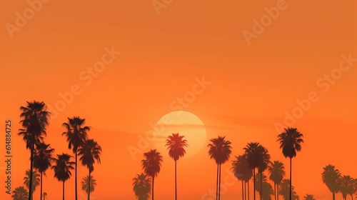 Orange gradient morning sky with tall palm trees silhouettes background Generative AI