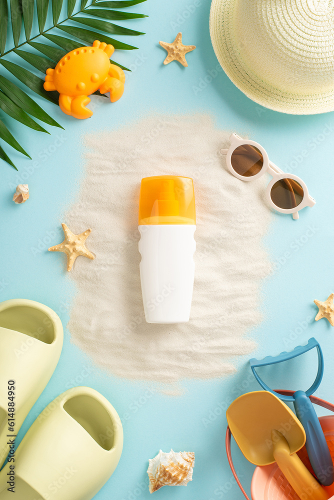 Top view photo highlighting the importance of sun protection on a vacation, featuring sunscreen, marine shells, sand toys, panama, slippers, sunglasses on pastel blue isolated background Top view photo highlighting the importance of sun protection on a vacation, featuring sunscreen, marine shells, sand toys, panama, slippers, sunglasses on pastel blue isolated background