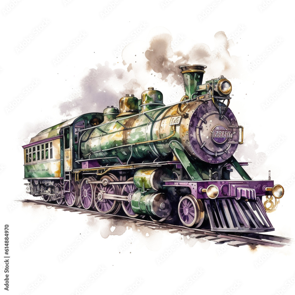 Naklejka premium watercolor steampunk green and purple train locomotive isolated on a white background made with AI generative technology
