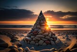 beautiful sunset on the beach with a pyramid of rocks in the foreground. Generative AI