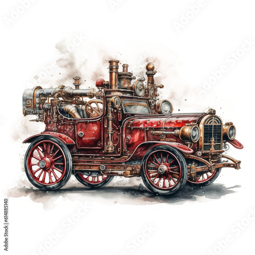 Steampunk red vintage car with gears watercolor isolated on a white background made with AI generative technology