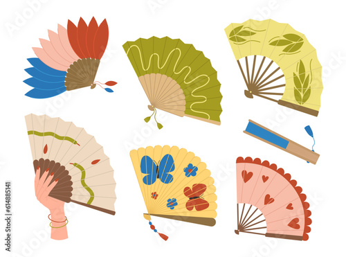 Hand fans set. Asian traditional folding souvenir. Cooling accessory. Colorful collection with different design. Vector flat illustration isolated on white background