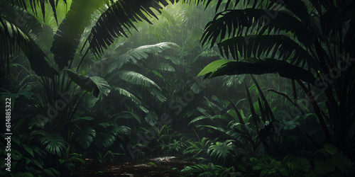Jungle during heavy rain. Dark tropical forest with exotic plants, palm trees, big leaves and ferns. Scary thicket of the rainforest. Streams of water, wet green vegetation and ground. Generative AI © Aleksei Solovev