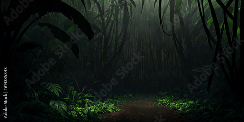 Wild jungle in night. Scary thicket of the rainforest. Dark tropical forest with exotic plants  palm trees  big leaves and ferns. Green vegetation illuminated by moonlight. Generative AI