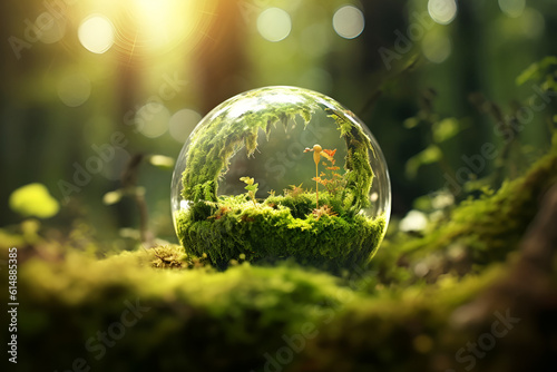 glass ball in moss, in the style of global imagery, light-filled, precisionism influence