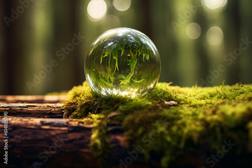 rystal ball on a moss covered wood background photo