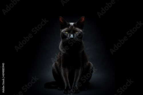 Black cat sitting on a dark stage illuminated by a beam of light, negative space