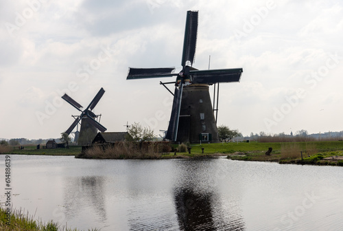 The windmills at Kinderdijk, the Netherlands, a UNESCO world heritage site. Built about 1740 system19 windmills is part of a larger water management system to prevent flooding.