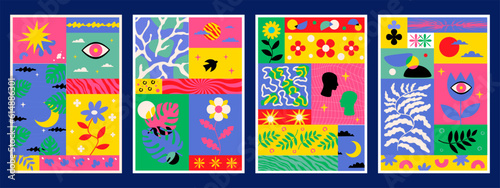 A colorful poster set with simple patterns and doodles in an eclectic style. Collection of interior artworks.