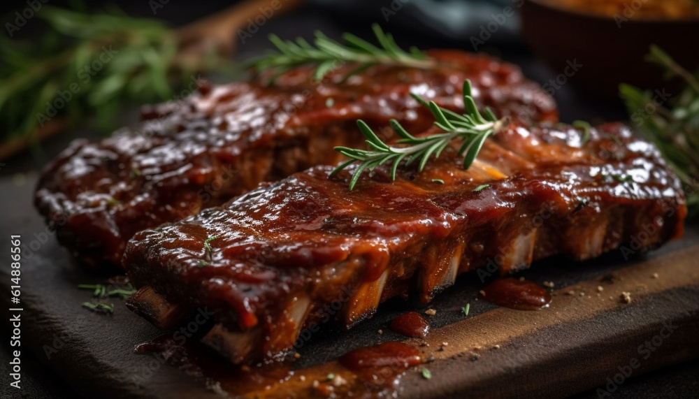 Juicy grilled rib fillet with savory barbeque sauce and herbs generated by AI Juicy grilled rib fillet with savory barbeque sauce and herbs generated by AI