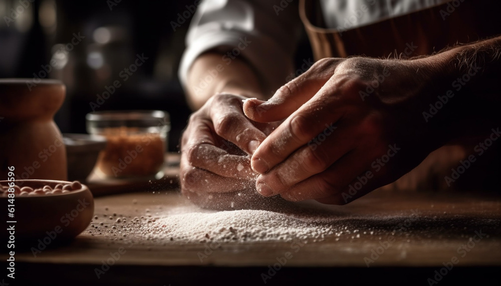 Chef hand kneading homemade dough on rustic wooden table generated by AI Chef hand kneading homemade dough on rustic wooden table generated by AI