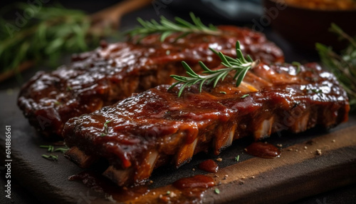 Juicy grilled rib fillet with savory barbeque sauce and herbs generated by AI