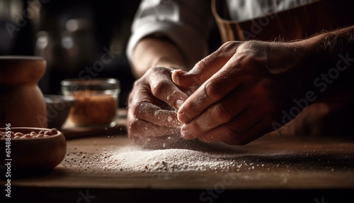 Chef hand kneading homemade dough on rustic wooden table generated by AI