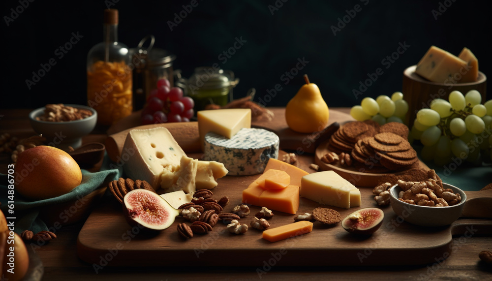 A rustic cheese board with a variety of gourmet delicacies generated by AI