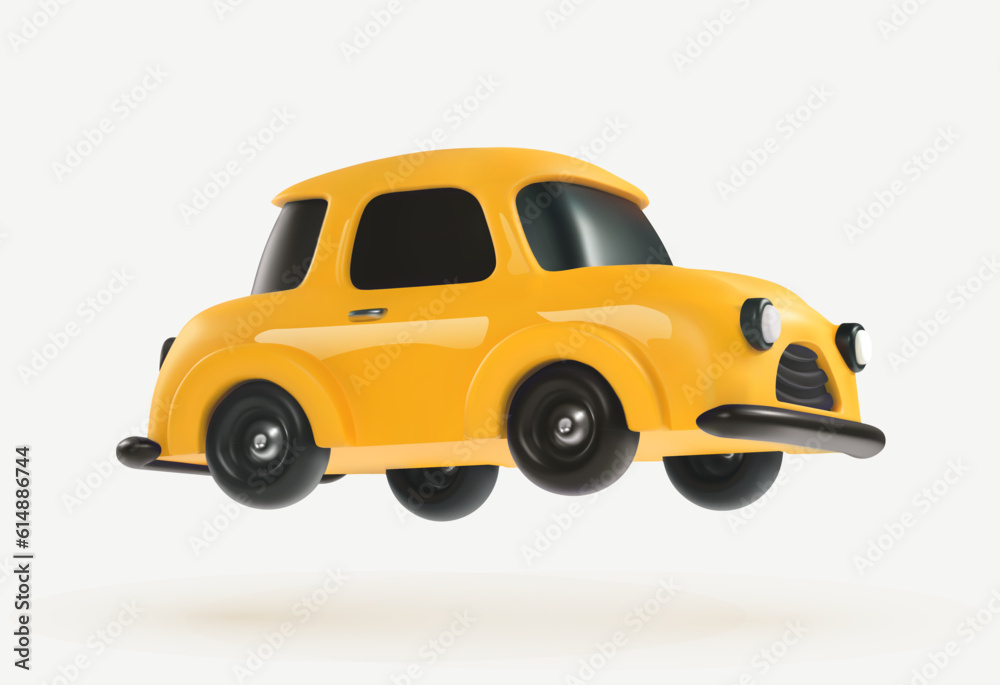 Obraz premium 3d cartoon toy car yellow color vector design element on the light background. Kids vehicle. Baby transport mode