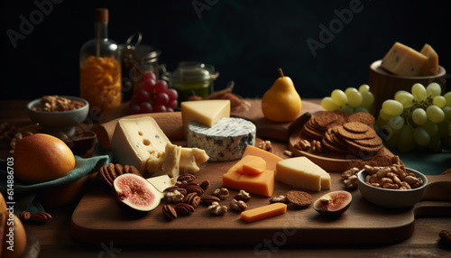 A rustic cheese board with a variety of gourmet delicacies generated by AI