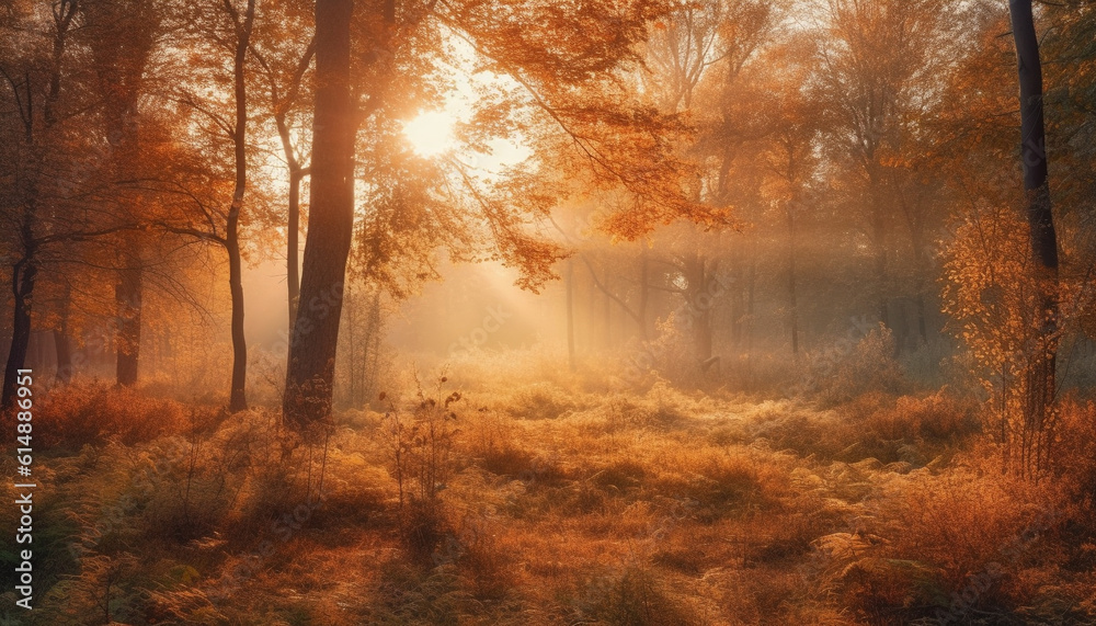 Autumn mystery unfolds in tranquil forest, back lit by sunlight generated by AI